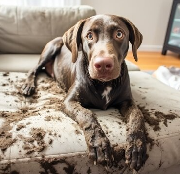 Muddy dog on a light couch to show the need for safe, non-toxic cleaning supplies.