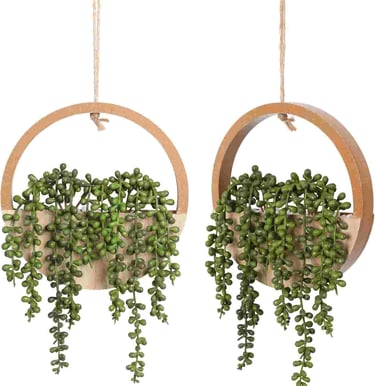 Artificial Hanging Succulent Plants – Faux String of Pearls in Pot with Lanyard for Bohemian Kitchen