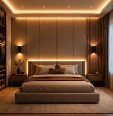 Contemporary Bedroom Lighting Design with Recessed Lights and Wall Sconces