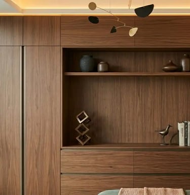 Floor-to-Ceiling Contemporary Storage Wall in Rich Walnut for Minimalist Interiors