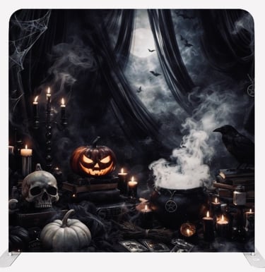 Spooky Halloween backdrop with a smoking witch cauldron, jack-o-lantern, skull, and black raven in a misty forest.