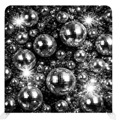 Black and white disco ball backdrop featuring sparkling mirror balls for party photography.
