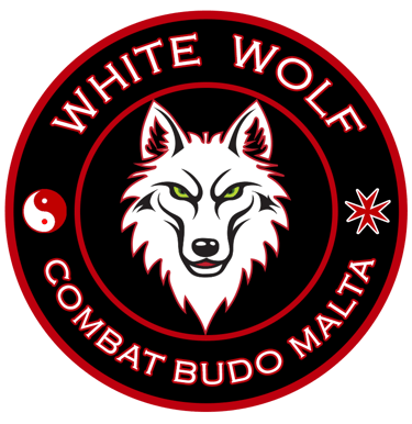 White Wolf Combat Budo Malta martial arts logo with a white wolf head, yin yang symbol, and red circular border.