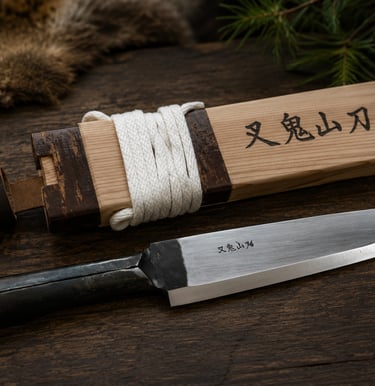 A hand-forged Japanese Matagi Nagasa hunting knife with its traditional wooden scabbard on a dark wood surface.