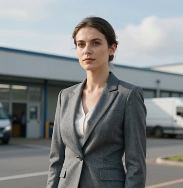 A professional corporate portrait of a female transport operations manager, looking confident and approachable. She is wearing a smart grey blazer. The background is a clean, modern transport depot under a bright sky in the United Kingdom, softly blurred.