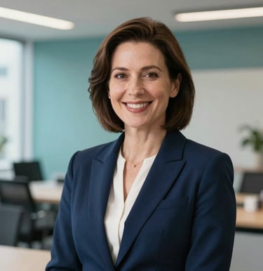 A professional corporate headshot of a female business leader in her 40s wearing a sharp deep navy blue blazer, smiling warmly. Shot with a shallow depth of field in a modern London office with clean teal accents and bright, compassionate soft light, United Kingdom.