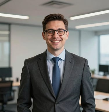 A professional corporate headshot of a male compliance officer, wearing glasses and a formal business suit, smiling confidently. Shot with clean studio-quality lighting inside a modern, high-tech corporate office in the United Kingdom.