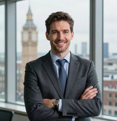 A professional corporate portrait of a male operations executive in a modern business suit. He is standing with arms crossed, smiling confidently in front of a bright corporate window showing a British urban landscape, United Kingdom.