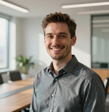 A professional corporate headshot of a friendly male human resources director, dressed in a tailored shirt. He is looking directly at the camera with a warm, compassionate expression inside a bright, modern corporate boardroom in the United Kingdom, natural morning light.
