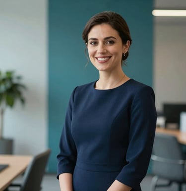 A professional corporate headshot of a female recruitment specialist, smiling with a trustworthy expression. She is wearing a professional deep navy blue dress, posed in a contemporary office space in the United Kingdom with elegant teal and light grey decor.