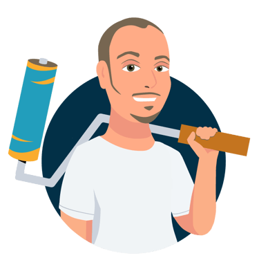Cartoon graphic image of Cyd holding a paint roller