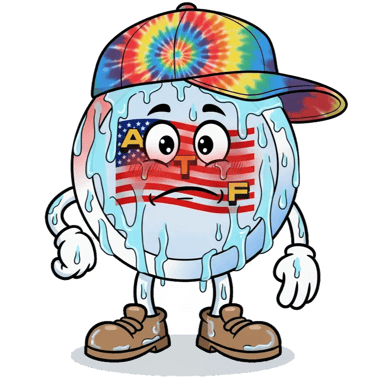 Melting ATF Man mascot with tie‑dye hat, flag face, boots, and a worried expression.