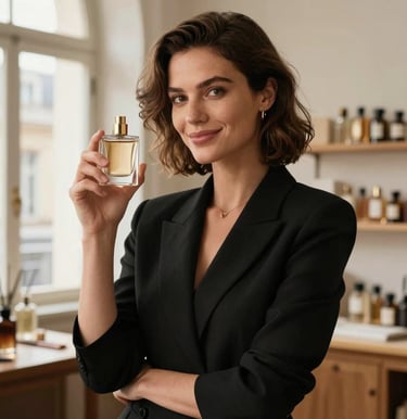 A high-end portrait of a female perfume designer in a bright Paris studio, wearing chic black attire and holding an elegant glass fragrance bottle, smiling softly. Warm natural lighting, professional photography, France.