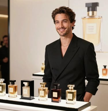 A professional portrait of a male fragrance animator smiling in front of a luxury perfume bar stand in France. Modern chic black outfit, bright welcoming lighting, clean backdrop.