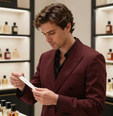 An elegant portrait of a male fragrance expert in a luxury boutique in France, wearing a tailored dark crimson blazer and looking at a paper scent strip. Sophisticated atmosphere, soft lighting, professional photography.