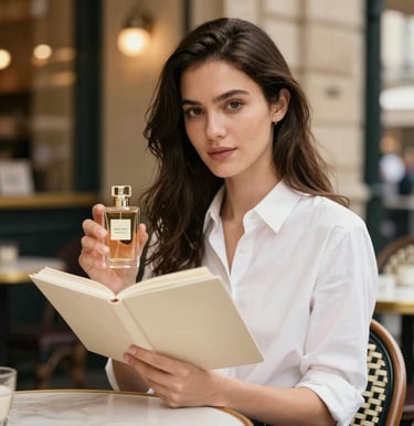 An editorial portrait of a female fragrance journalist in a Parisian cafe, chic minimalist style, holding a notebook, warm ambient light, high-end lifestyle photography, France.