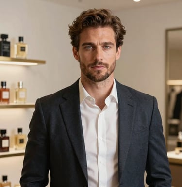 A stylish portrait of a male travel fragrance editor in an upscale boutique in France. Modern refined look, crisp neutral background, soft professional lighting.
