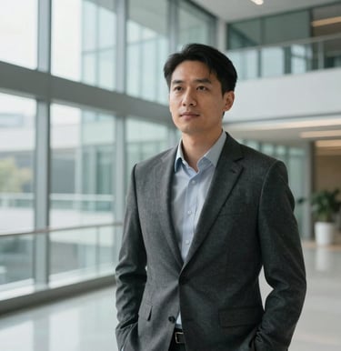 A crisp corporate headshot of a business advisor standing in a modern glass atrium in North American / Global. Cinematic natural lighting, clean lines, wearing a dark gray smart-casual blazer, look of expertise and approachability.