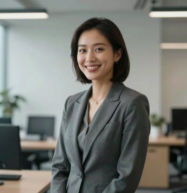 A professional photograph of a female technology specialist smiling warmly in a contemporary corporate space in North American / Global. Natural ambient lighting, minimalist environment, sophisticated slate-colored attire, focused and confident look.
