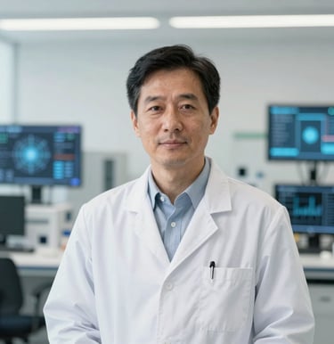A sophisticated corporate portrait of a research scientist in a modern tech institute in North American / Global. Bright, clean background with hints of technological screens softly out of focus, smart and forward-looking expression.