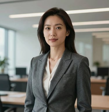 A professional clean-cut portrait of a female leader standing against a soft-focus office interior with high ceilings in North American / Global. Elegant, intellectual look, wearing a polished slate blazer, modern lighting.
