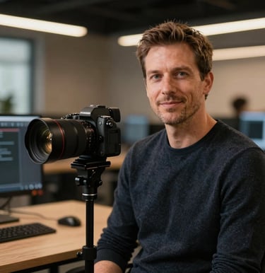 A modern professional portrait of a software engineer in an innovative tech hub in North American / Global. Behind him, warm blurred lights of a workspace, high-end camera lens, shallow depth of field, dressed in a sleek dark crewneck.