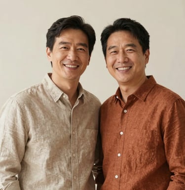 A professional portrait of an East Asian / Chinese couple standing close together, smiling genuinely. They are dressed in smart-casual linen shirts of soft sand and terracotta colors. The lighting is soft, natural, and warm, with a clean neutral background.