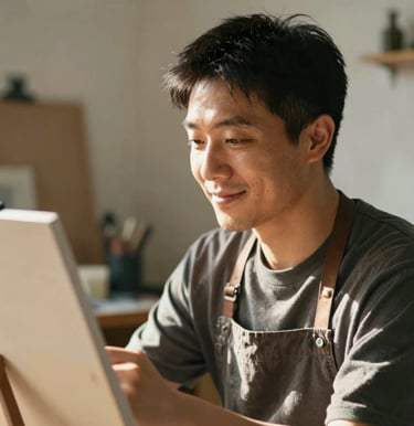 A candid, natural portrait of an East Asian / Chinese male artist in his late 20s, working in a sun-lit studio. Warm sunlight illuminates his face. He is wearing a charcoal-colored apron and looking at his work with a warm, gentle smile.