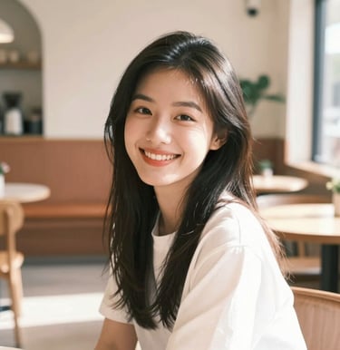 A joyful portrait of an East Asian / Chinese young woman looking towards the camera with a big, friendly smile. She is in a sun-drenched cafe with soft sand and terracotta interior accents, bathed in bright, natural daylight.