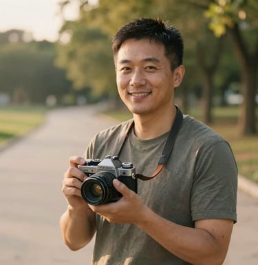 A portrait of an East Asian / Chinese man holding a vintage camera, smiling warmly. The setting is an outdoor park during the golden hour, with warm, sun-drenched light and soft sand pathways in the background.