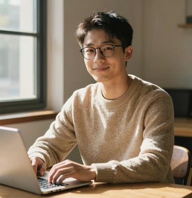 A casual portrait of an East Asian / Chinese young man with glasses, sitting at a wooden desk with a laptop. Warm sunlight streams from a window. He has a warm, approachable expression, dressed in a soft sand colored knitted sweater.