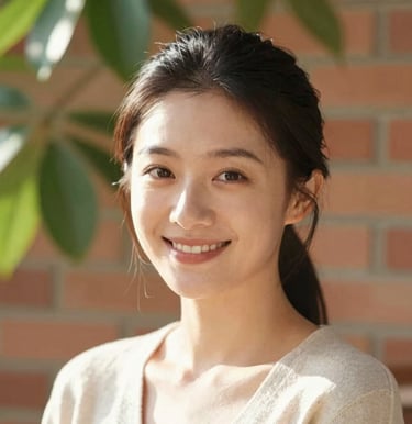 A gentle portrait of an East Asian / Chinese woman with her hair tied back, smiling warmly at the camera. Soft, natural morning light creates a cozy, friendly atmosphere. Behind her is a soft-focus background of green leaves and terracotta brick.