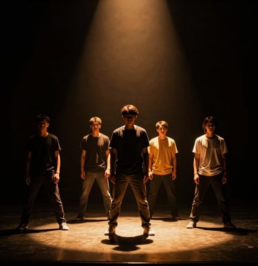 Actors performing on a dark theatre stage under a single dramatic amber spotlight, high contrast shadows