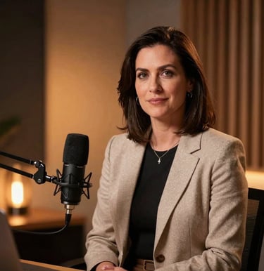 Professional portrait of a female host and senior editor in a warm, dimly lit podcasting studio. Gentle amber backlighting illuminates her professional attire, suggesting an authoritative and engaging intellectual vibe. North American setting.