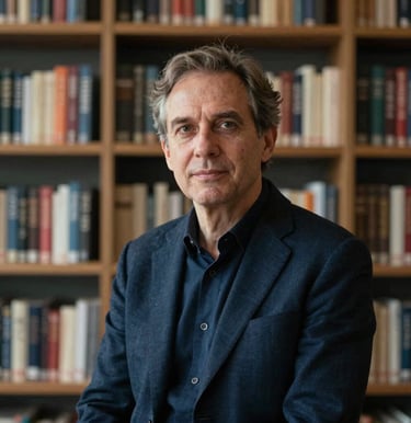 A focused portrait of a contributing intellectual writer in a modern creative library environment. Deep slate blue shadows, warm task light illuminating books in the background, elegant attire suitable for a global public speaker.
