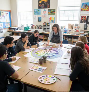 An art teacher explains a large color wheel to students in a bright classroom studio.