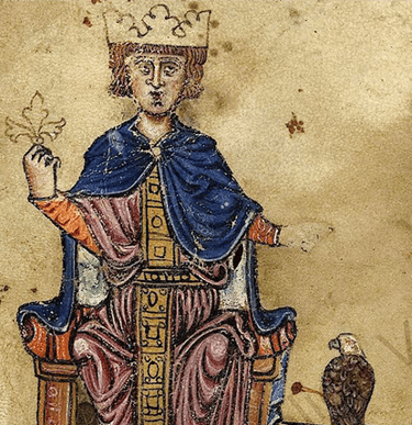 Iluminura medieval de Frederico II em trono segurando um falcão.