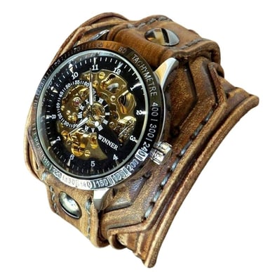 Steampunk Leather Wrist Watch, Rustic Men's watch
