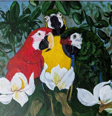 Three parrots in a magnolia tree acrylic painting on canvas.