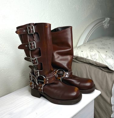 Miu Miu burnt leather buckle boots autumn spring winter