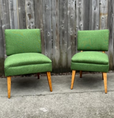 green reupholstered grandma and grandpa chairs
