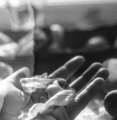 a hand holding delicate matter, being inspected and measured