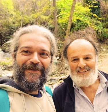 Medical herbalist Emmanuil Manos (left) and Panayiotis Giannakoulas (right) at Drakeia village,