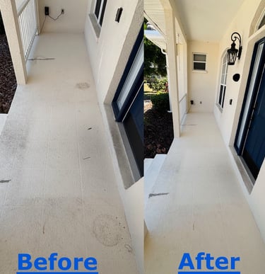 Before and after front porch soft wash cleaning