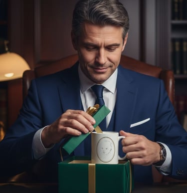 homme recevant un mug personnalisé avec portrait bébé