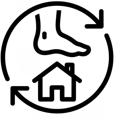 Un pie y una casa representa que no tienes que desplazarte cuando llamas al podólogo a domicilio 