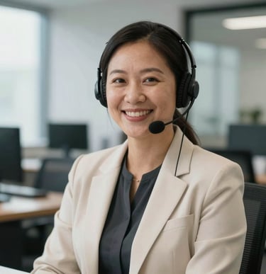 A professional portrait of a North American support staff member smiling warmly in a light-filled office, wearing business attire in ivory and charcoal tones.