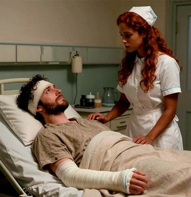 Red-haired nurse in vintage uniform caring for an injured man with head and arm bandages in a hospital bed.
