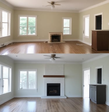 A two-story house under renovation with new brickwork being added. A black tarp covers construction materials in the foreground, surrounded by wood and other building materials. The house features a light brown exterior with two windows on the upper floor, white-framed doors, and a partially completed extension on the ground floor.