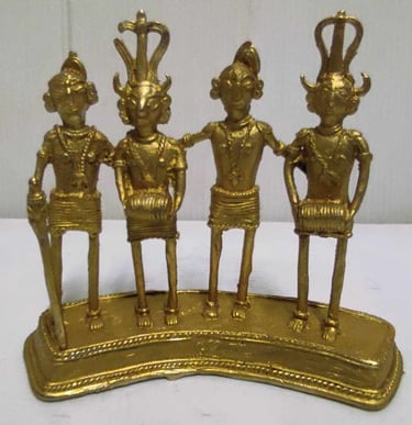 "Gold-painted brass sculpture of four tribal dancers–handcrafted Bastar ethnic decor-Export-standard"